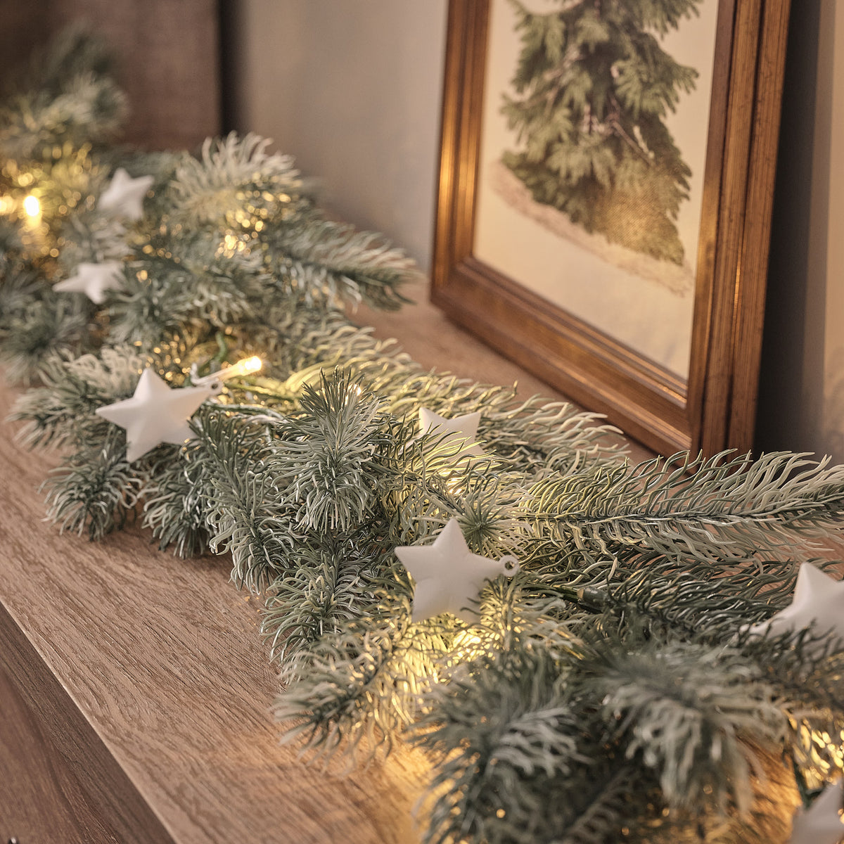 1.5m Pre Lit Frosted Pine & Star Christmas Garland