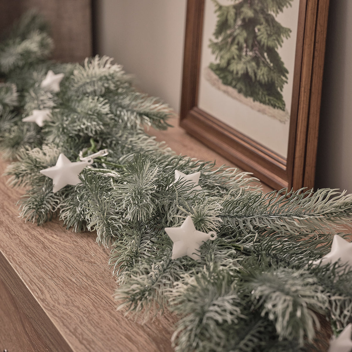 1.5m Pre Lit Frosted Pine & Star Christmas Garland