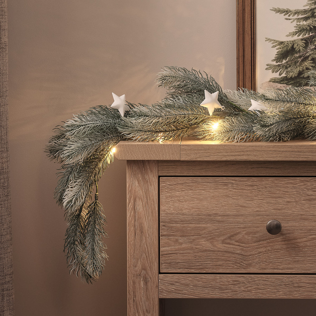 1.5m Pre Lit Frosted Pine & Star Christmas Garland