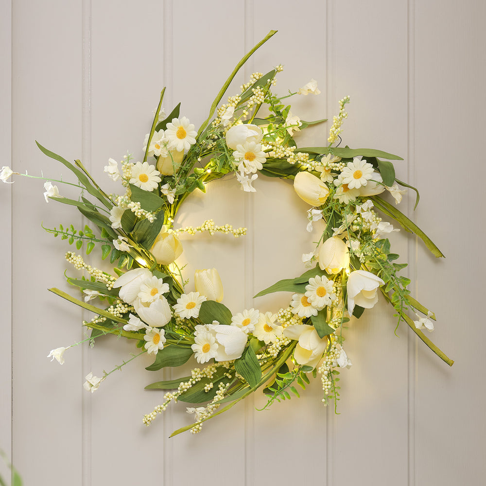 50cm Pre Lit Butter Yellow Tulip & Daisy Wreath