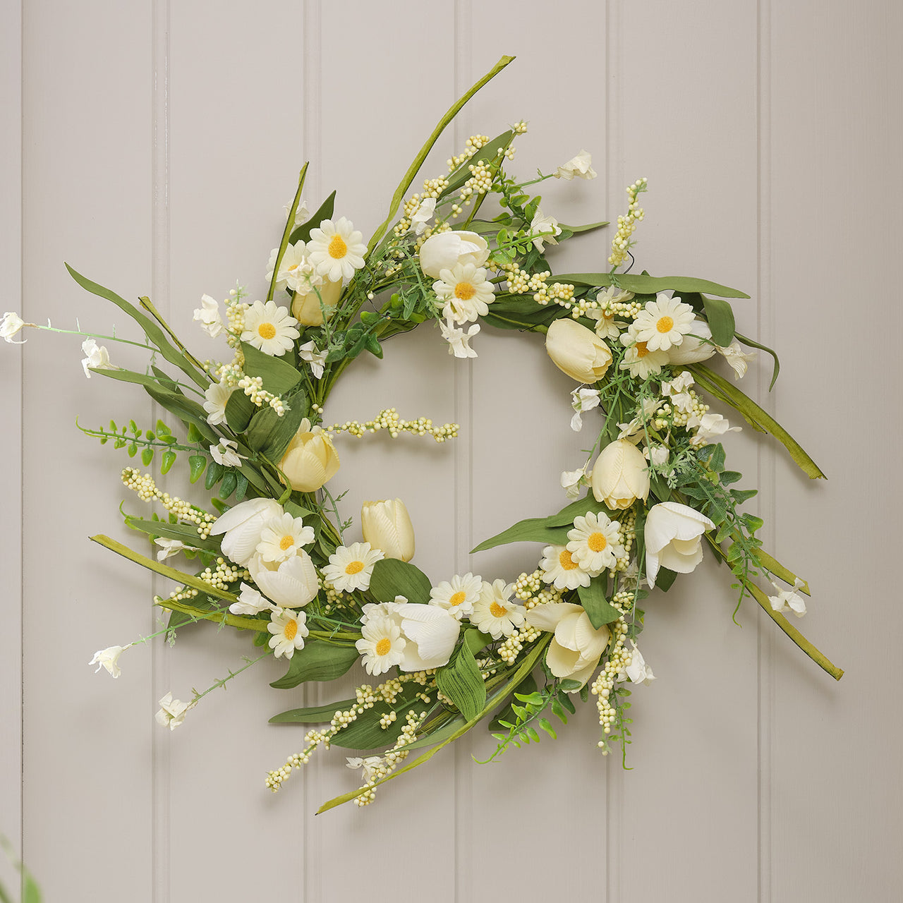 50cm Pre Lit Butter Yellow Tulip & Daisy Wreath