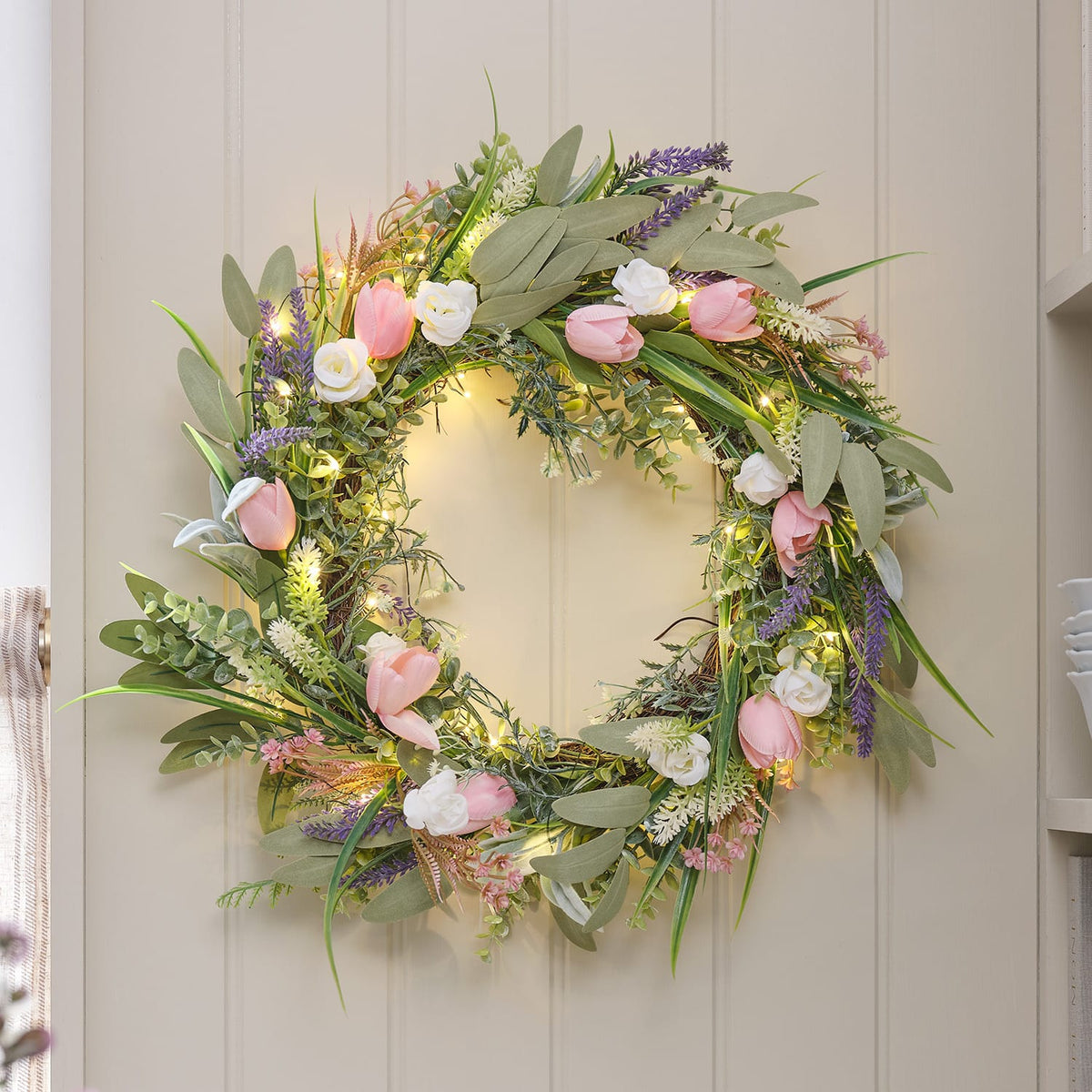 55cm Pre Lit Tulip and Lavender Wreath