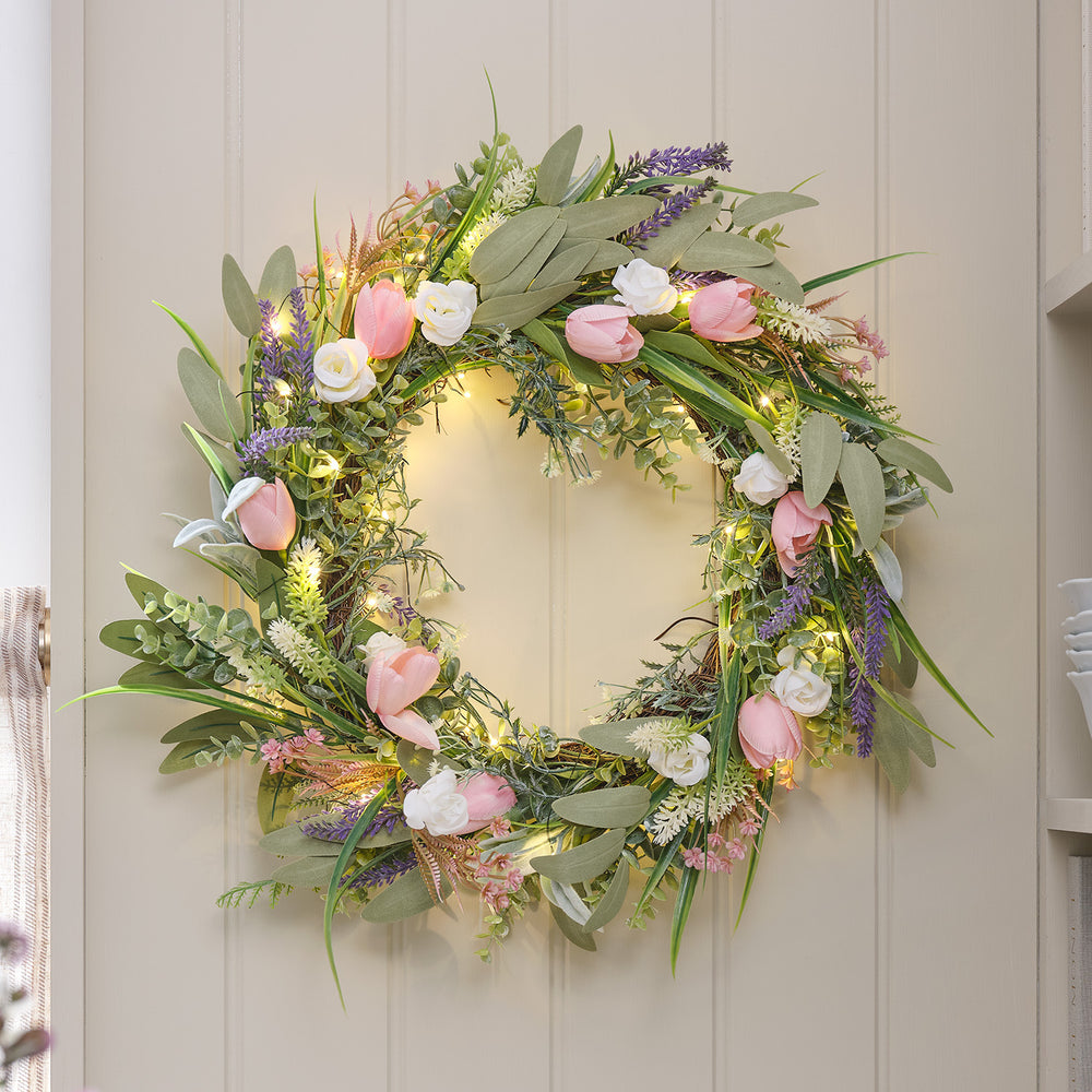 40cm Pre Lit Tulip and Lavender Wreath