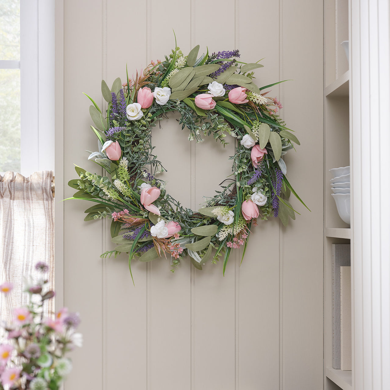 40cm Pre Lit Tulip and Lavender Wreath