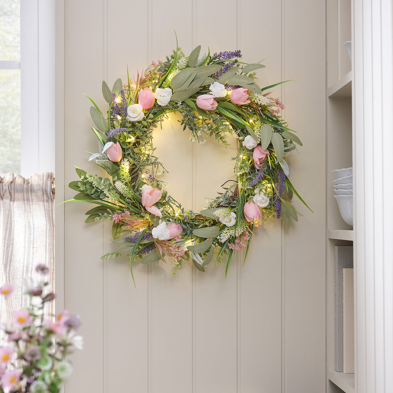 40cm Pre Lit Tulip and Lavender Wreath