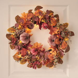 40cm Pre Lit Luxury Velvet Pumpkin Meadow Wreath