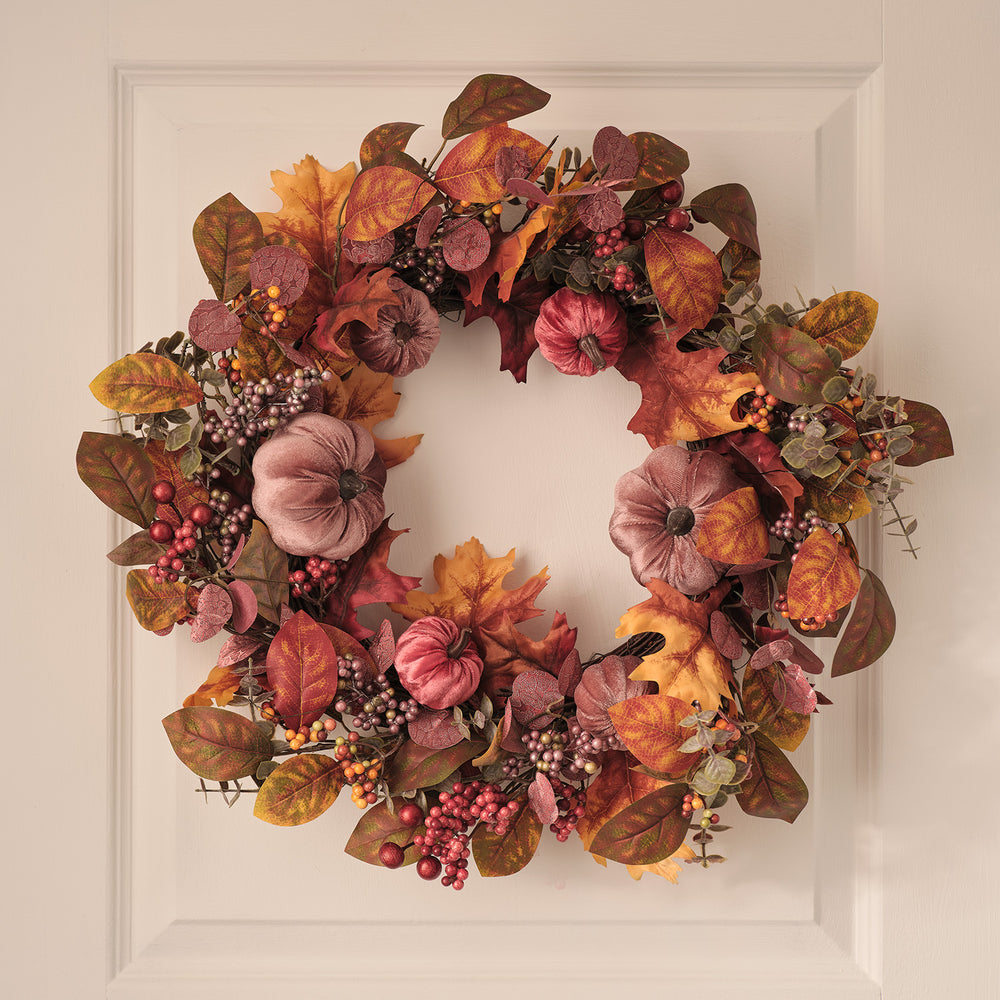 40cm Pre Lit Luxury Velvet Pumpkin Meadow Wreath