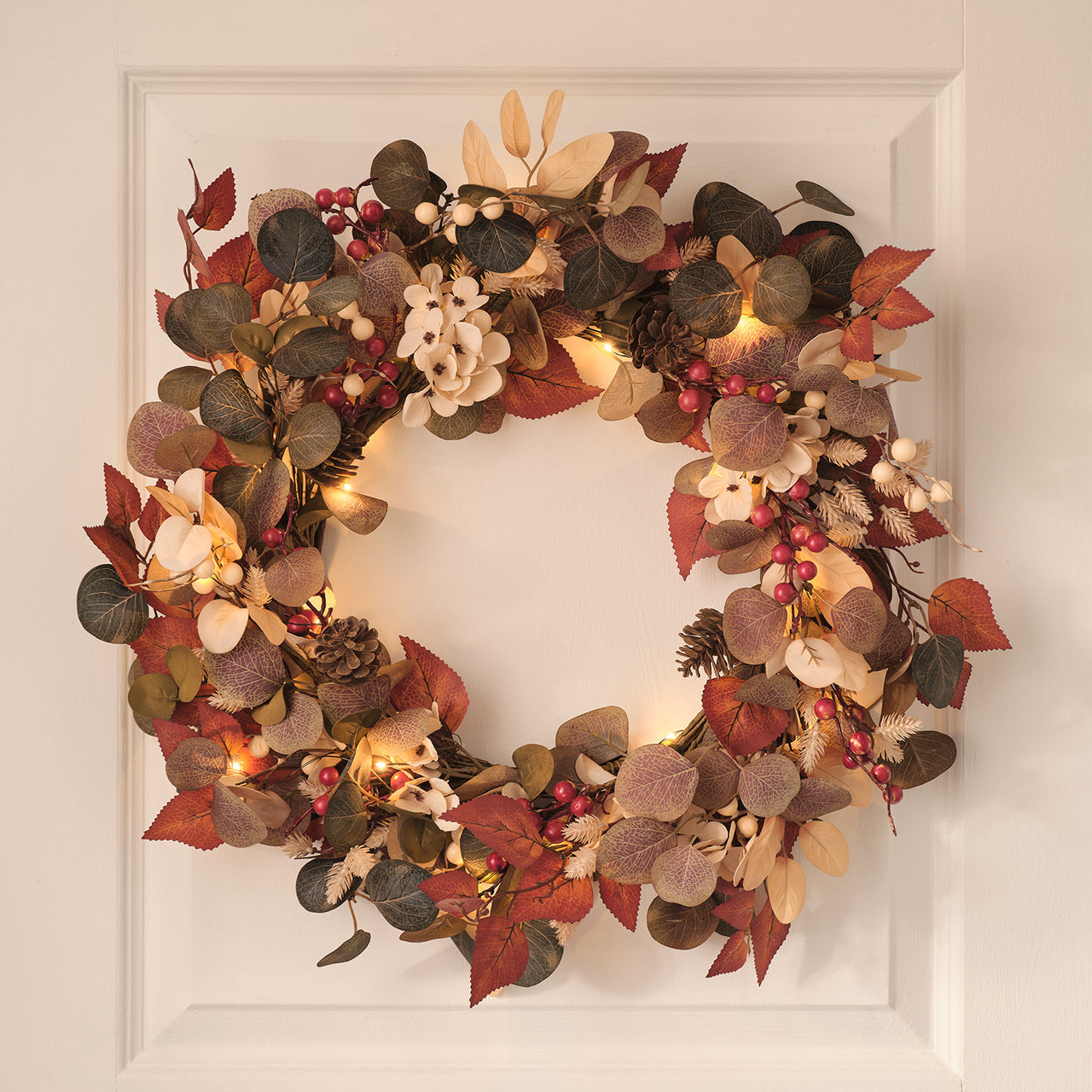 Pre Lit Berry Harvest Autumn Wreath & Mixed Foliage Autumnal Garland