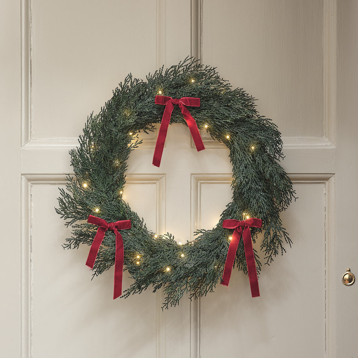 60cm Pre Lit Red Beribboned Christmas Outdoor Wreath