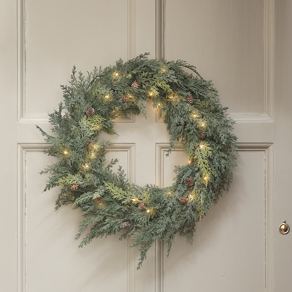 60cm Pre Lit Christmas Conifer & Pinecone Outdoor Wreath