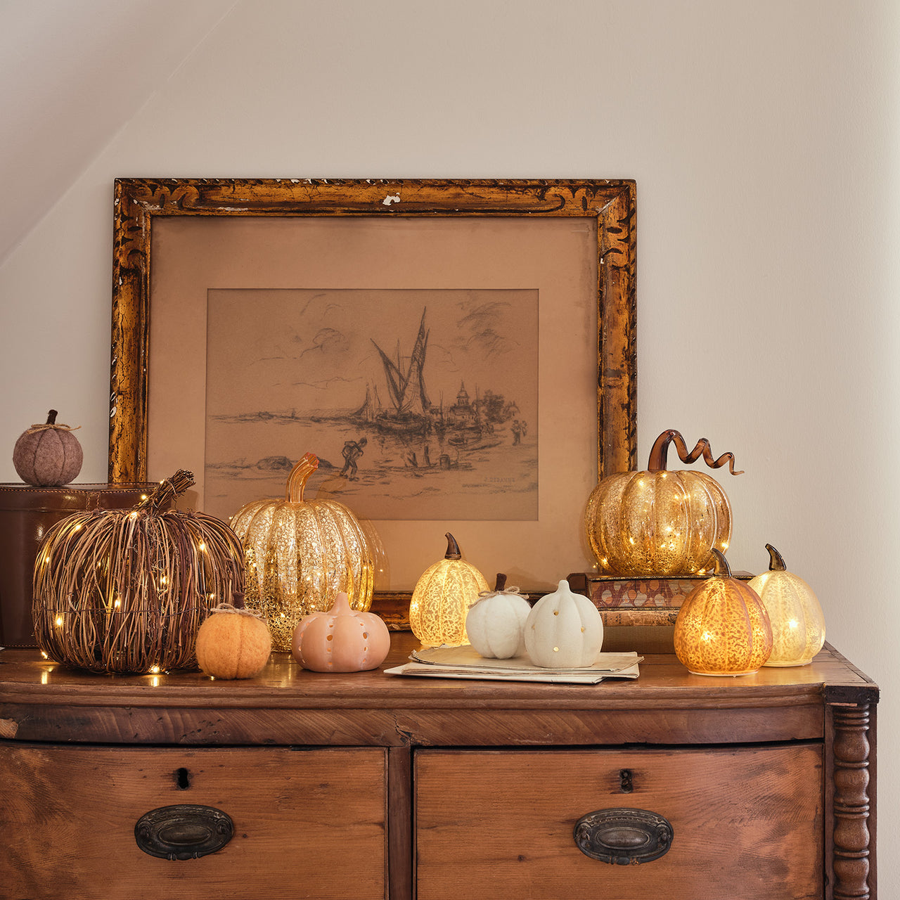 Set of 3 Autumnal Glass Light Up Pumpkins