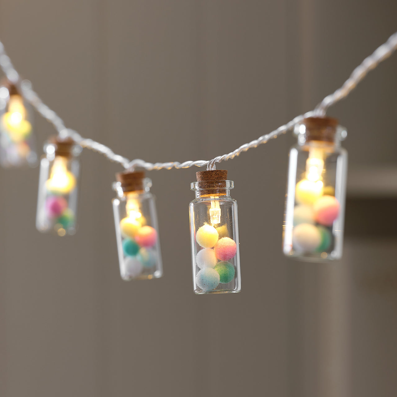 10 Pom Pom Glass Bottle LED String Lights