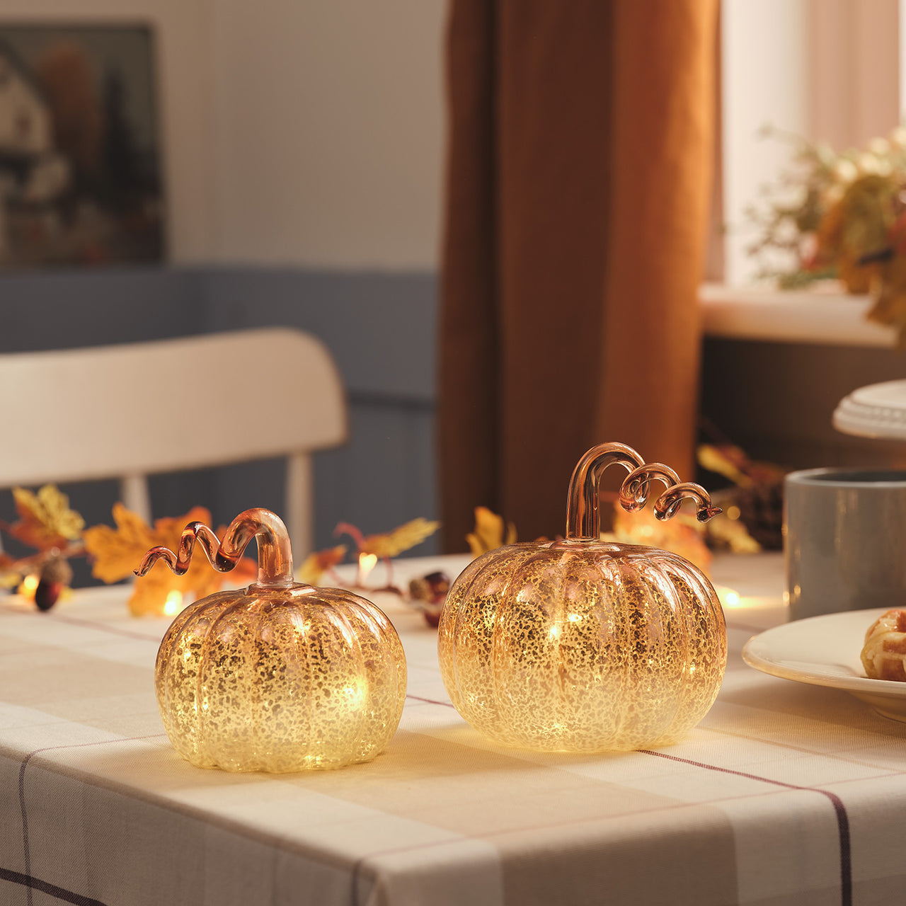2 Ombre Mercury Glass LED Pumpkin Decorations