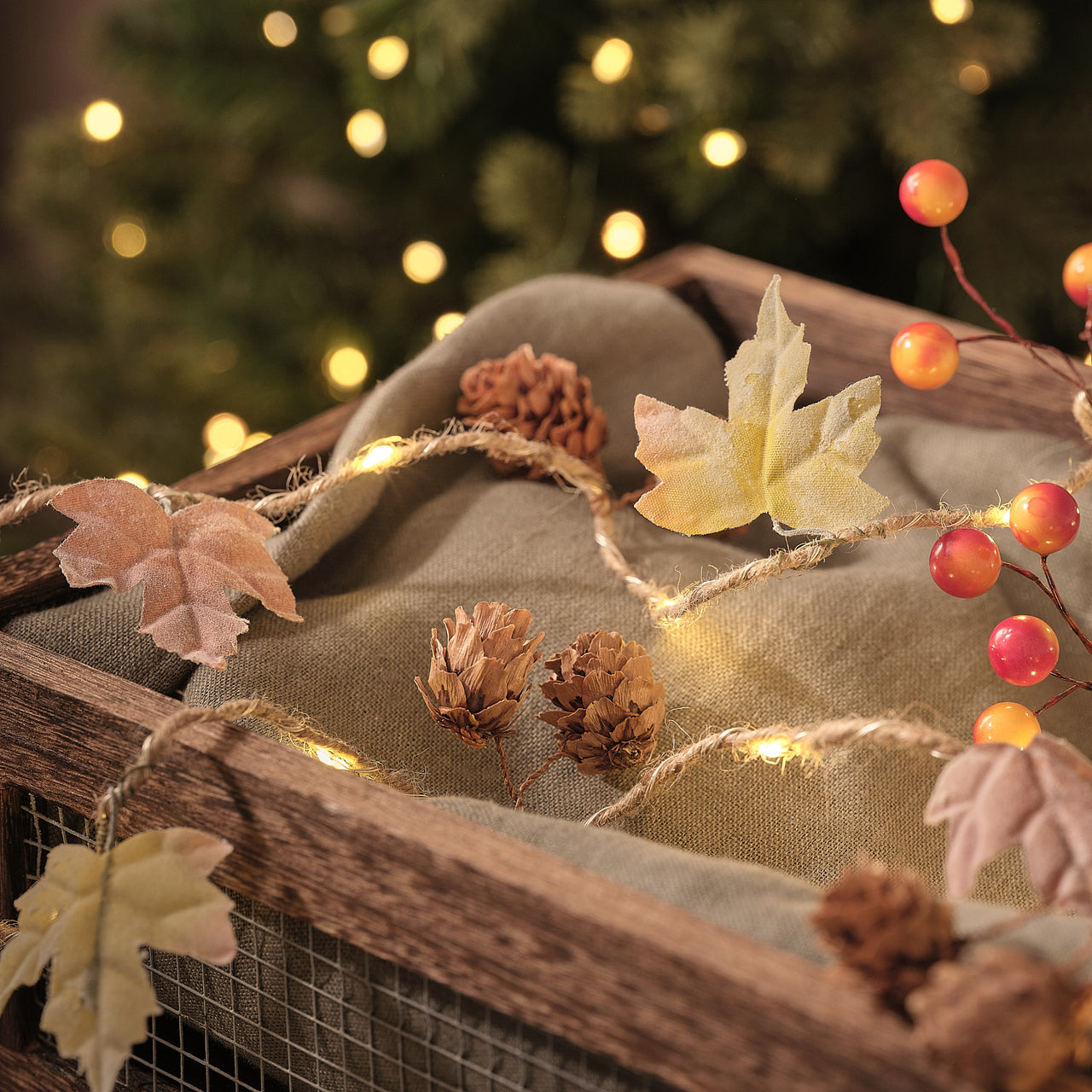 2m Autumn Orchard Leaf & Pinecone Micro LED Garland
