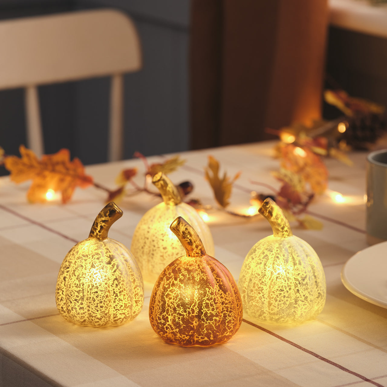 4 Mercury Glass Mini LED Pumpkin Decorations
