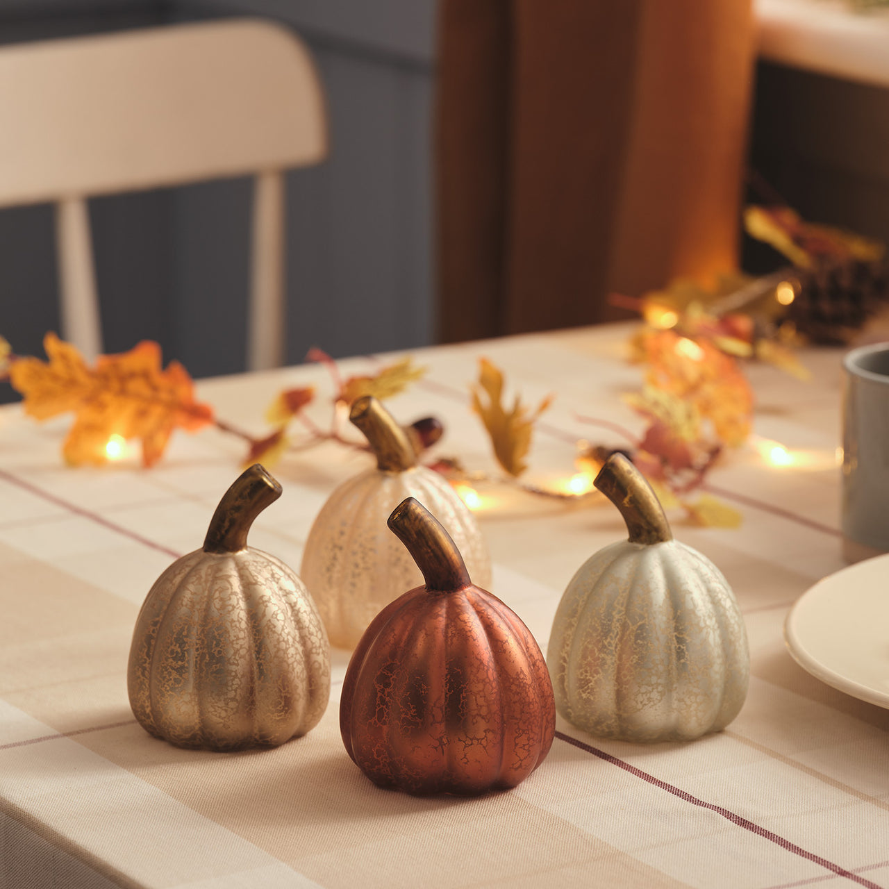 4 Mercury Glass Mini LED Pumpkin Decorations