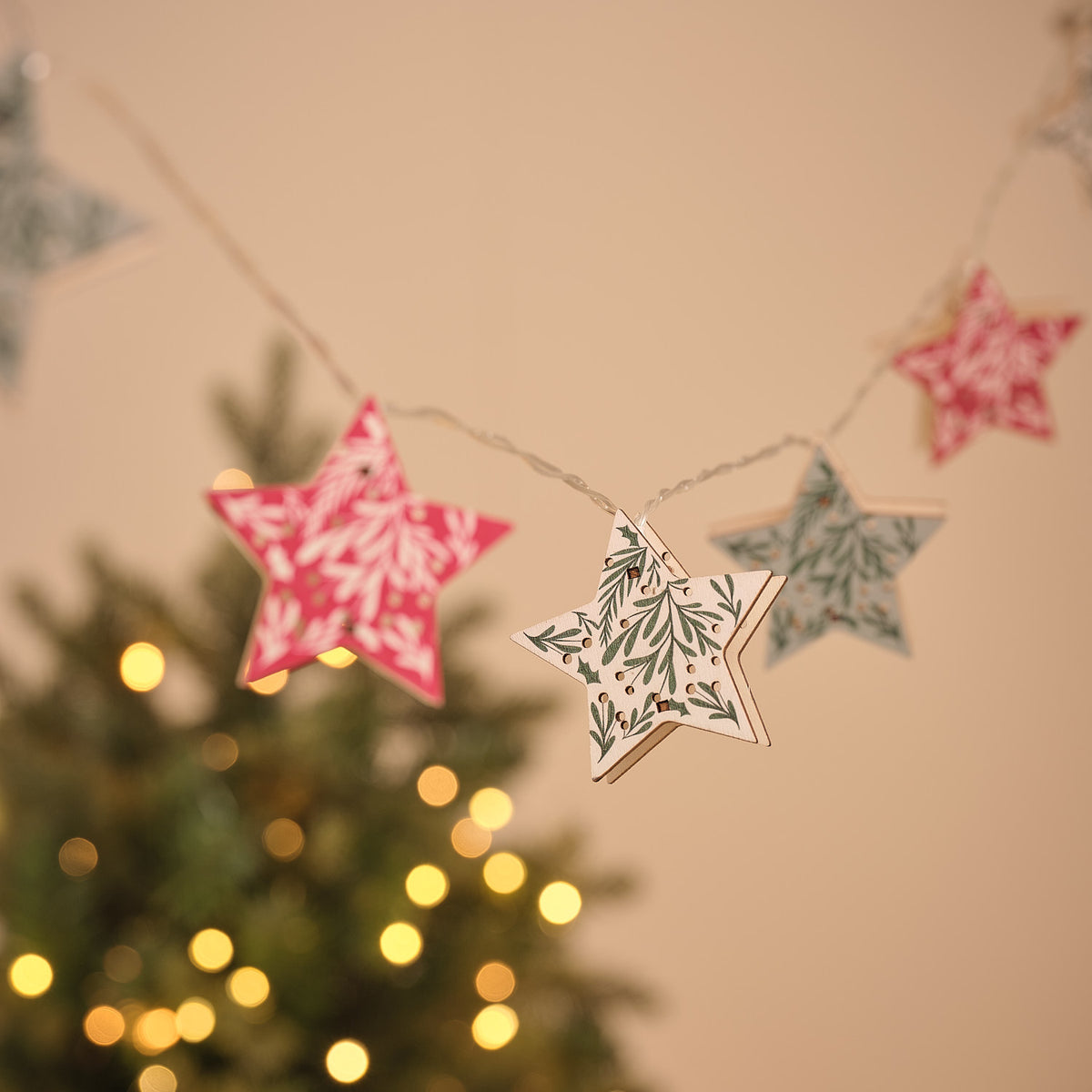10 Folk Patterned Wooden Star LED Fairy Lights