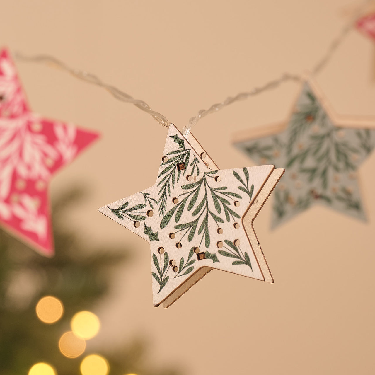 10 Folk Patterned Wooden Star LED Fairy Lights