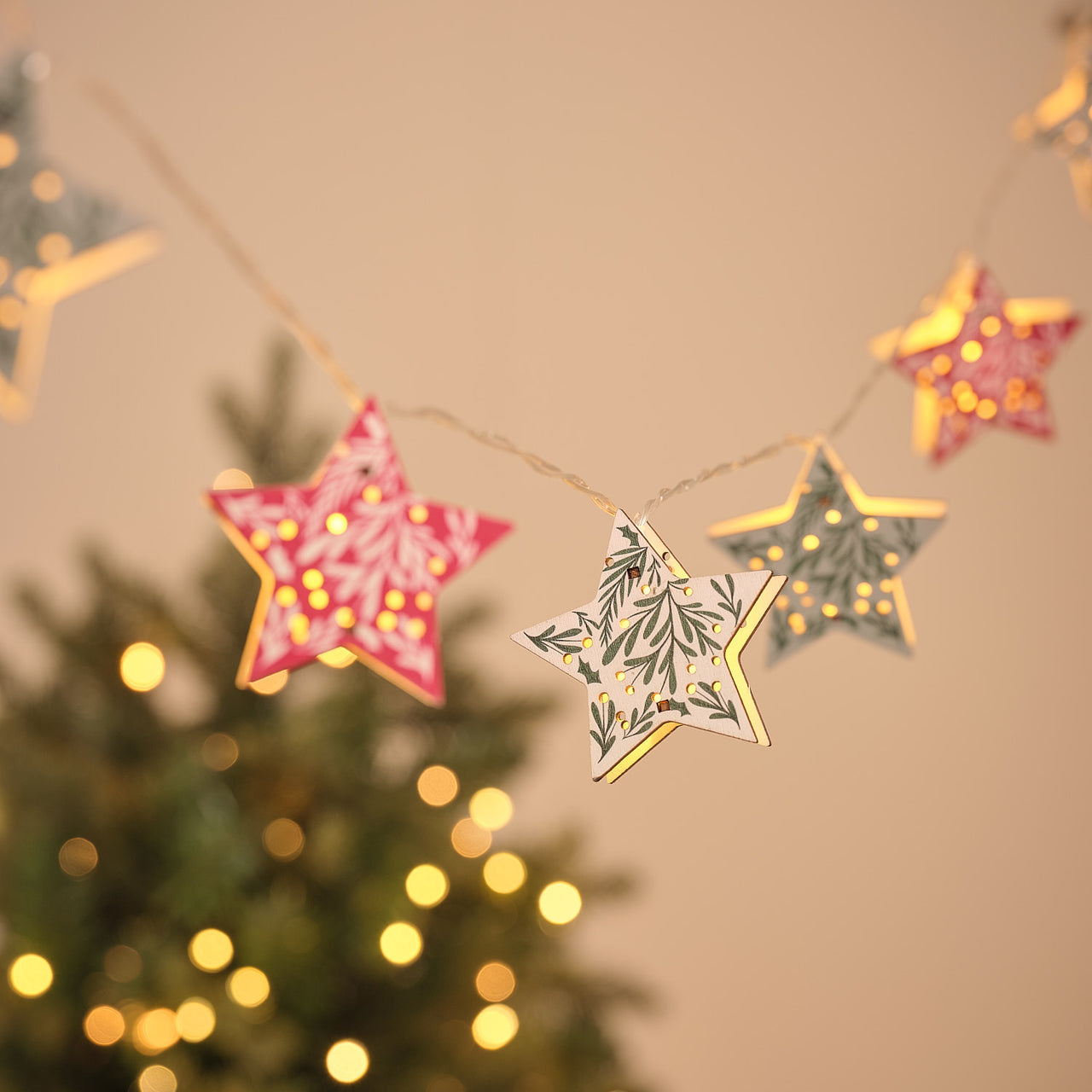 10 Folk Patterned Wooden Star LED Fairy Lights