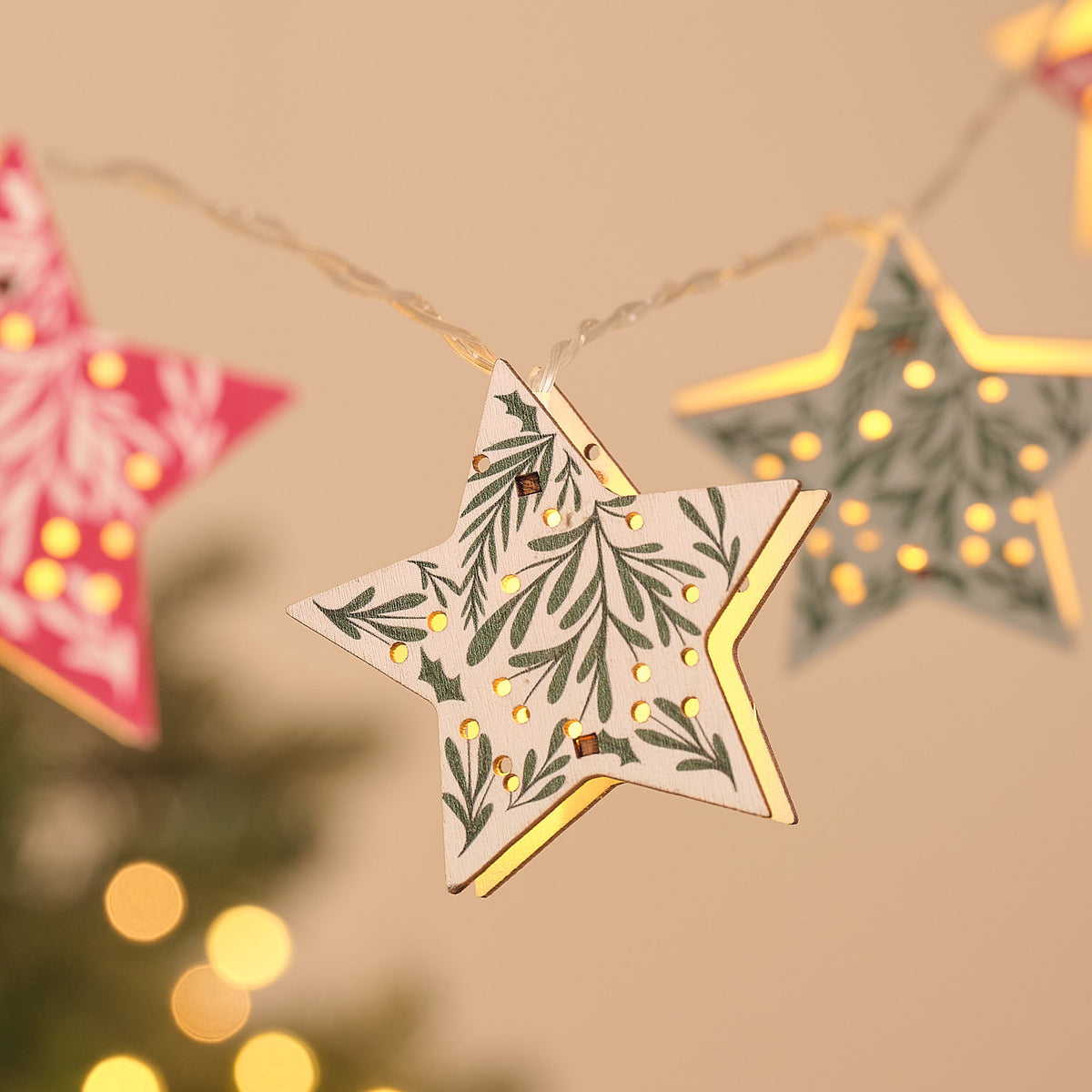 10 Folk Patterned Wooden Star LED Fairy Lights