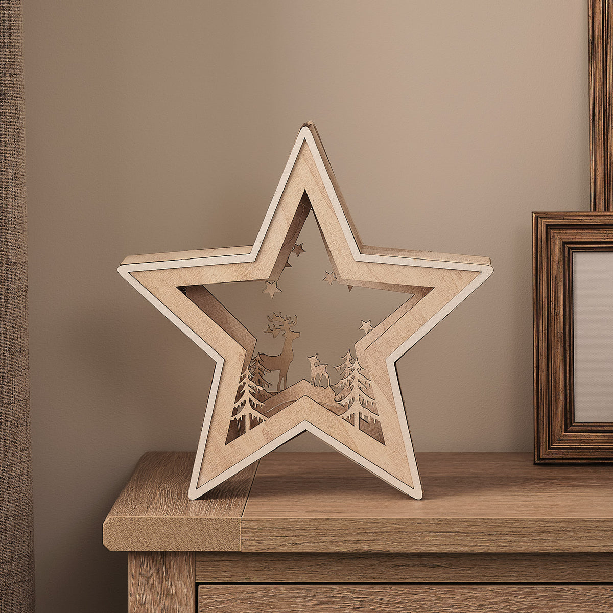 28cm Reindeer Under The Stars Wooden Silhouette Light Up Decoration