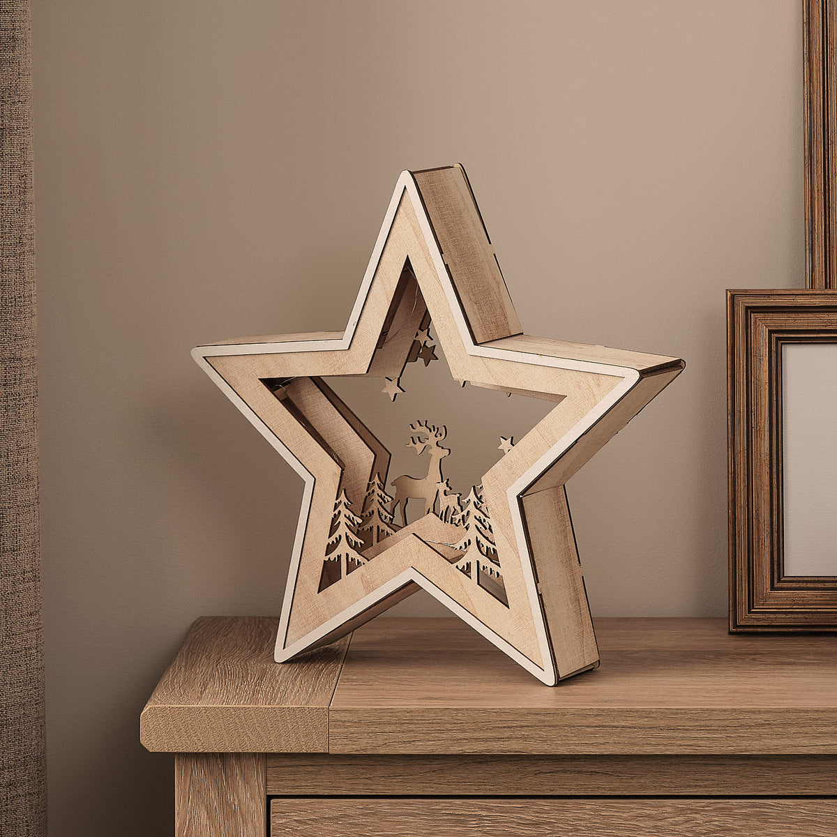 28cm Reindeer Under The Stars Wooden Silhouette Light Up Decoration