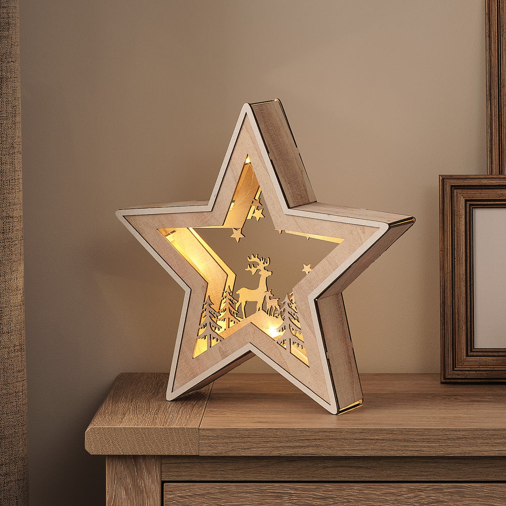 28cm Reindeer Under The Stars Wooden Silhouette Light Up Decoration
