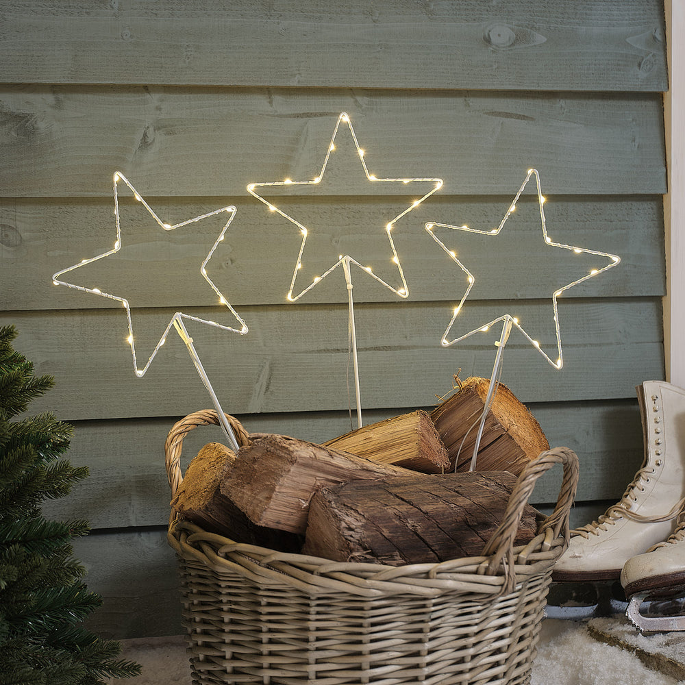 3 White Metal Star Garden Stake Lights
