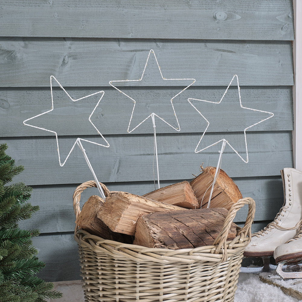 3 White Metal Star Garden Stake Lights