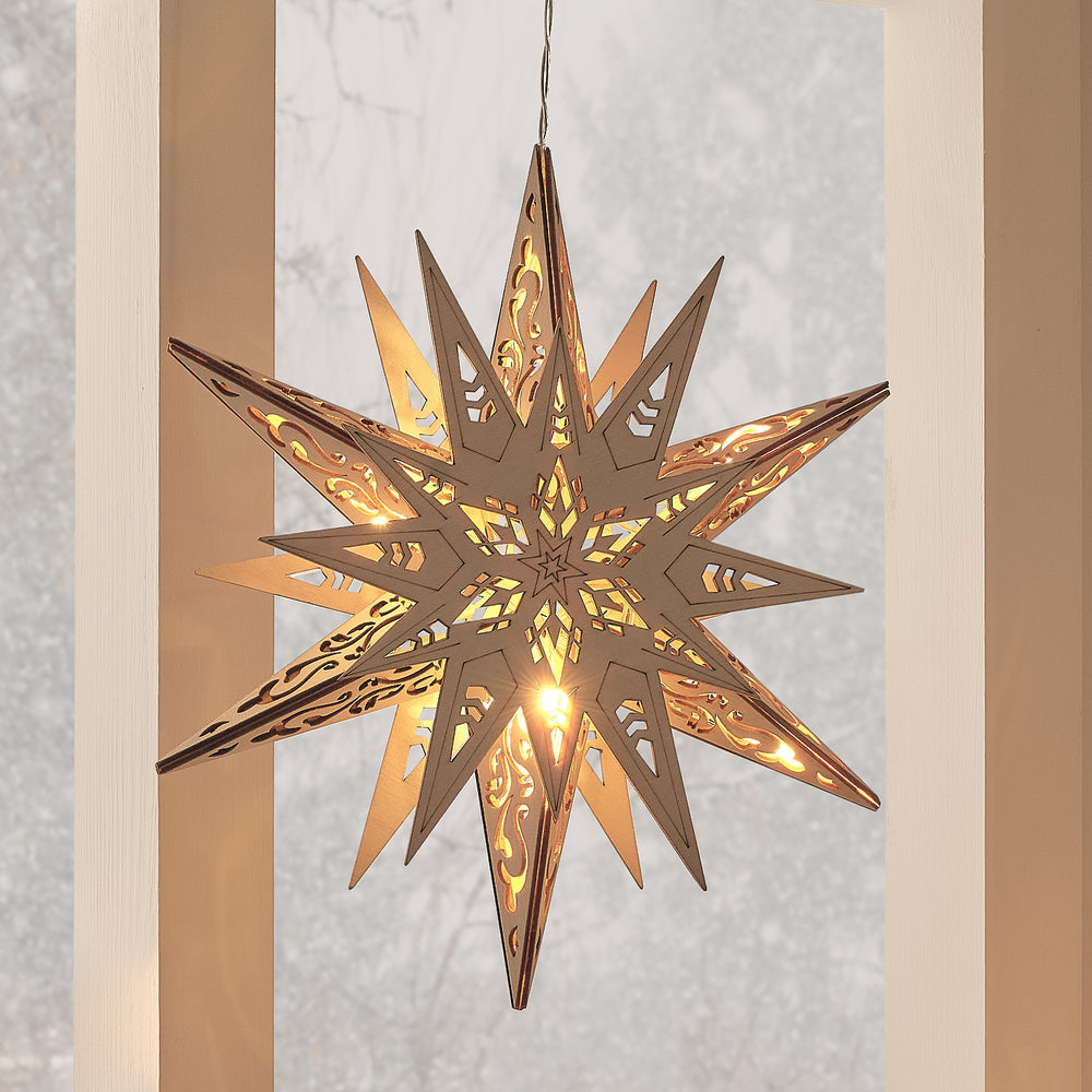 3 Wooden Star Light Up Hanging Christmas Decorations with Remote Control