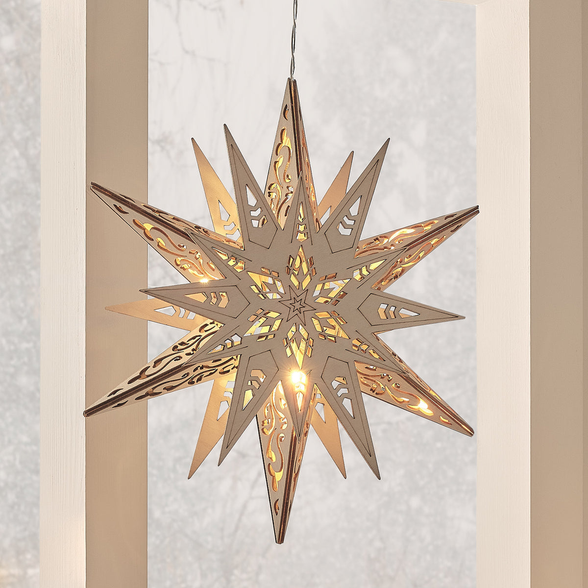 30cm Wooden Star Light Up Hanging Christmas Decoration with Remote Control