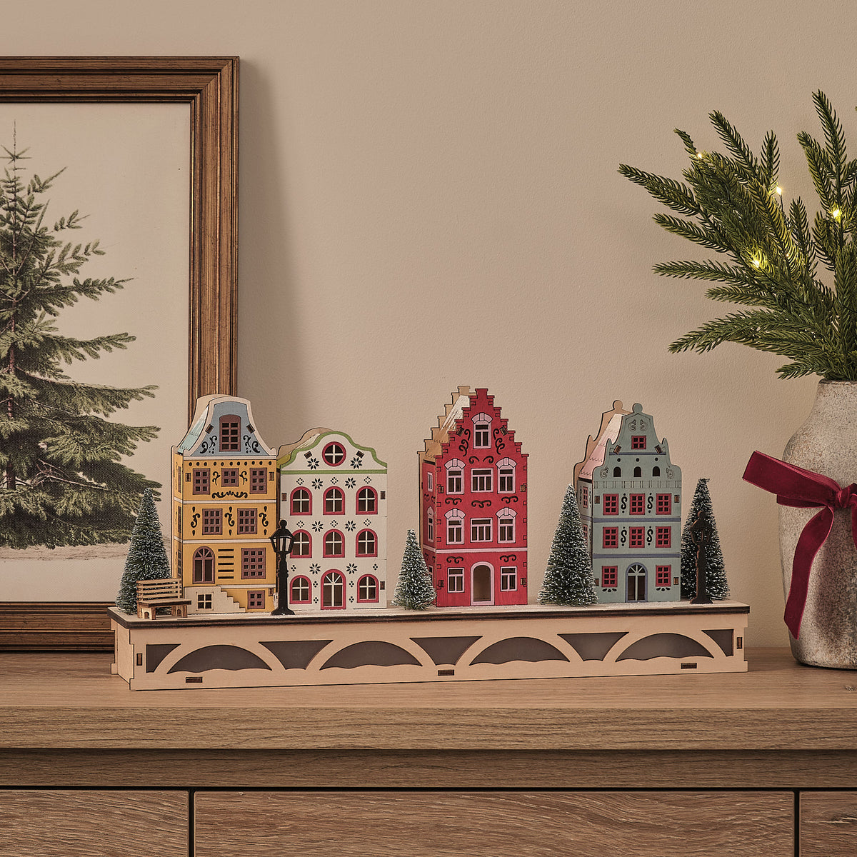 Pre Lit Winter Town Wooden Scene