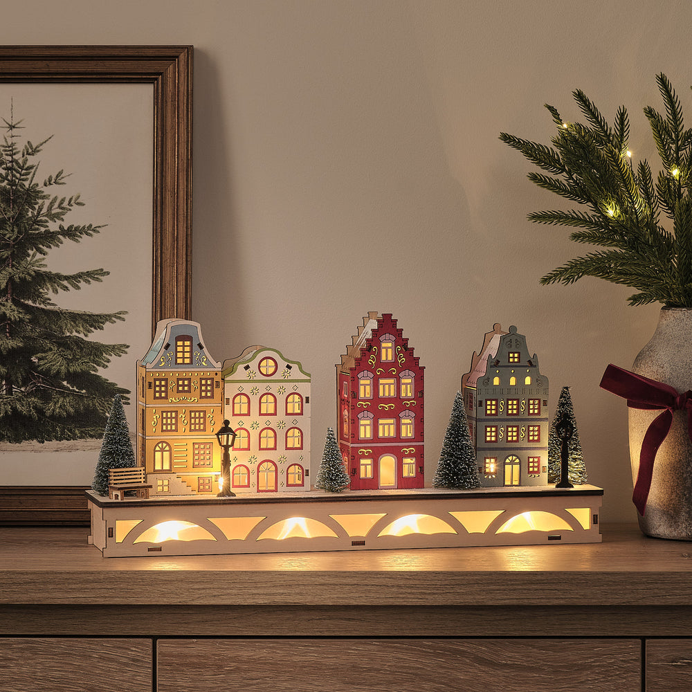 Pre Lit Winter Town Wooden Scene