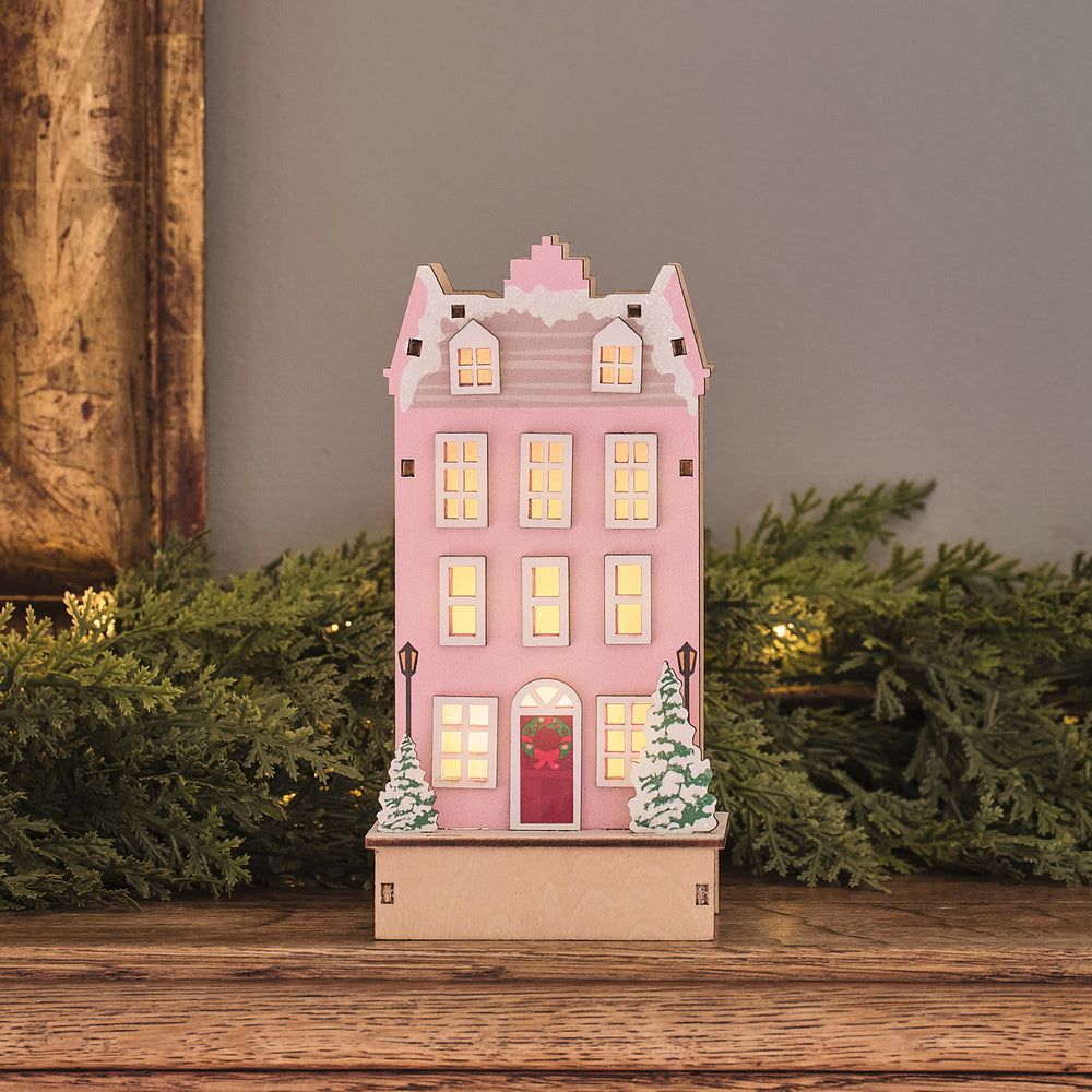 Pre Lit Wooden Pink House Scene