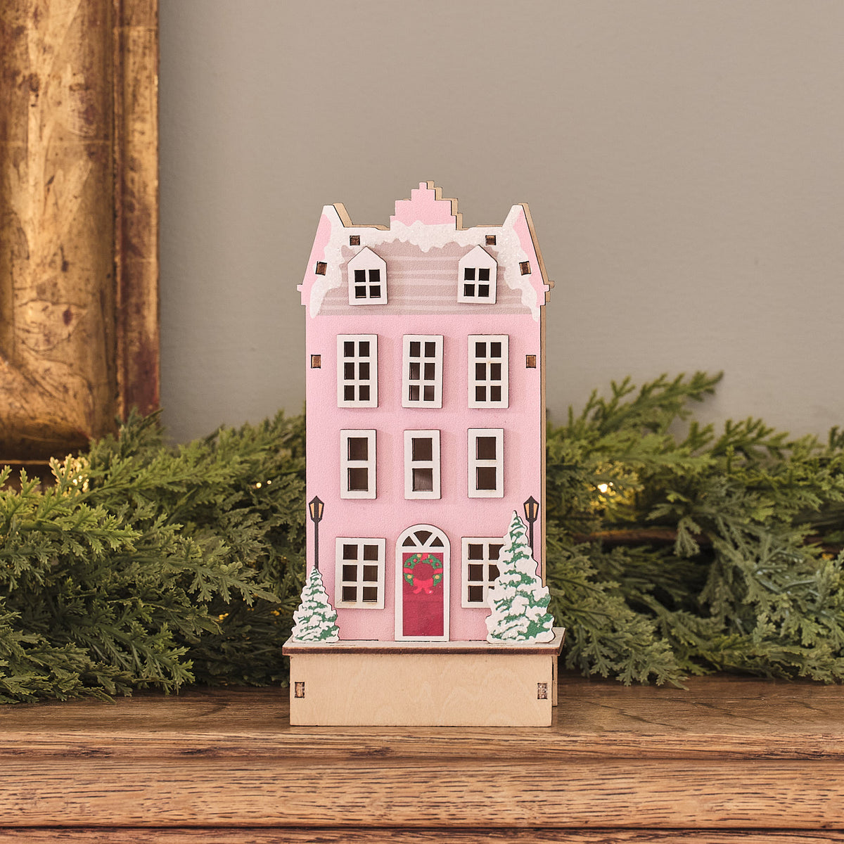Pre Lit Wooden Pink House Scene
