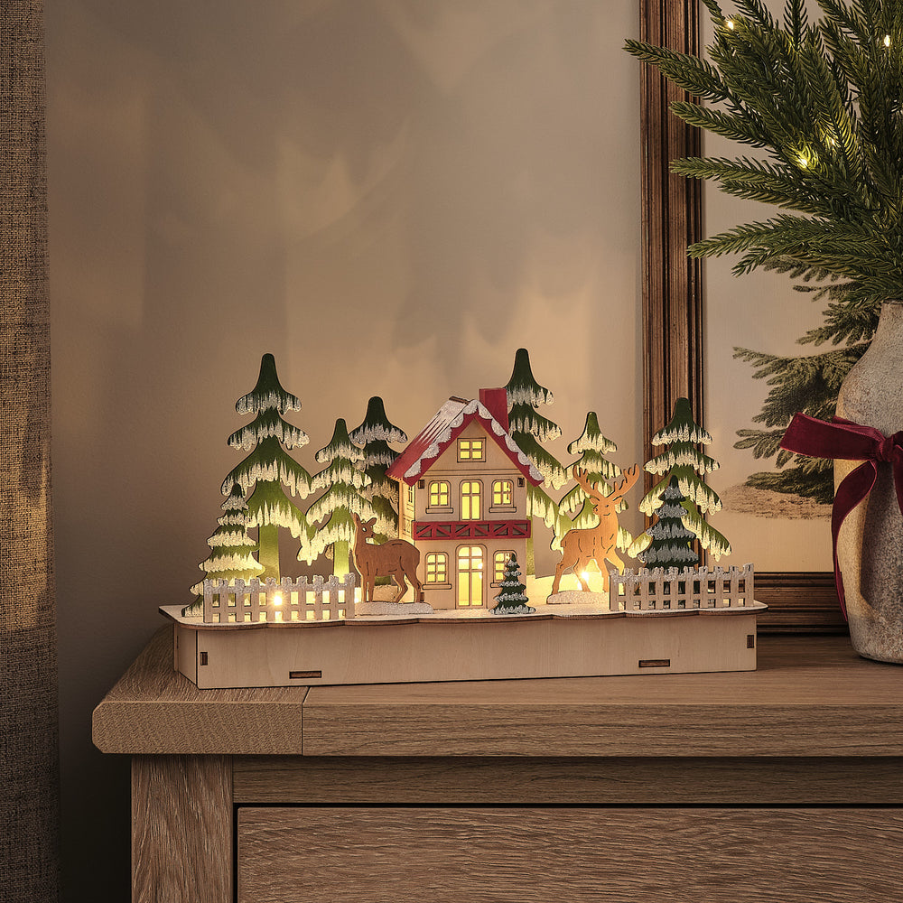 Pre Lit Winter Woodland Wooden House Scene