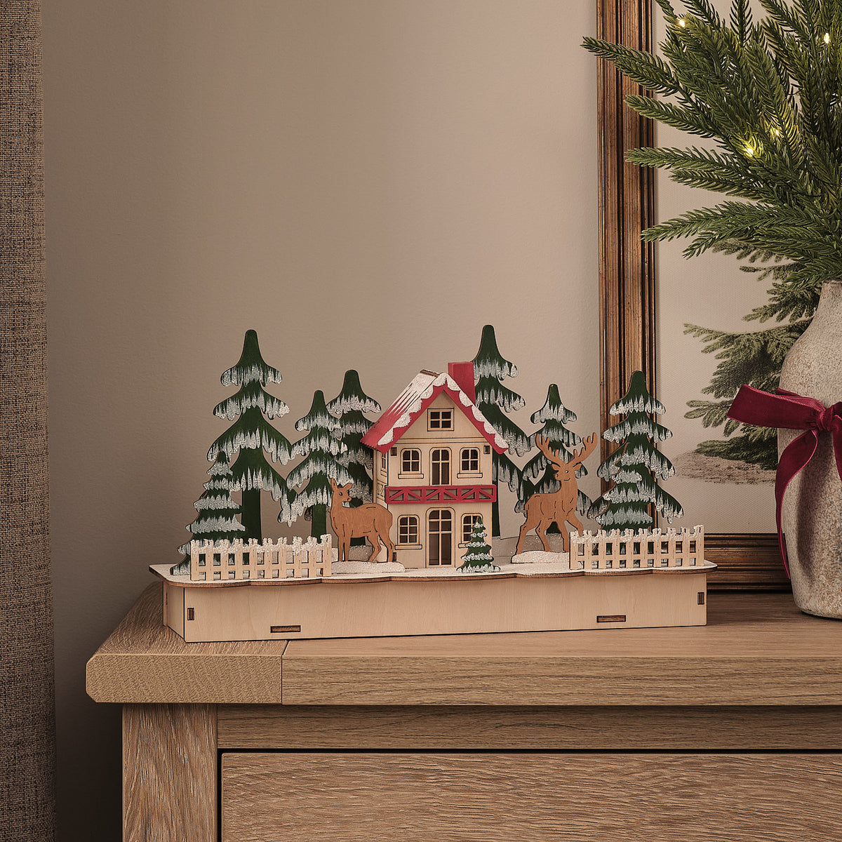 Pre Lit Winter Woodland Wooden House Scene