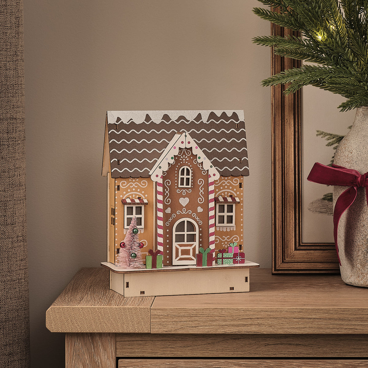 Pre Lit Wooden Gingerbread House Scene
