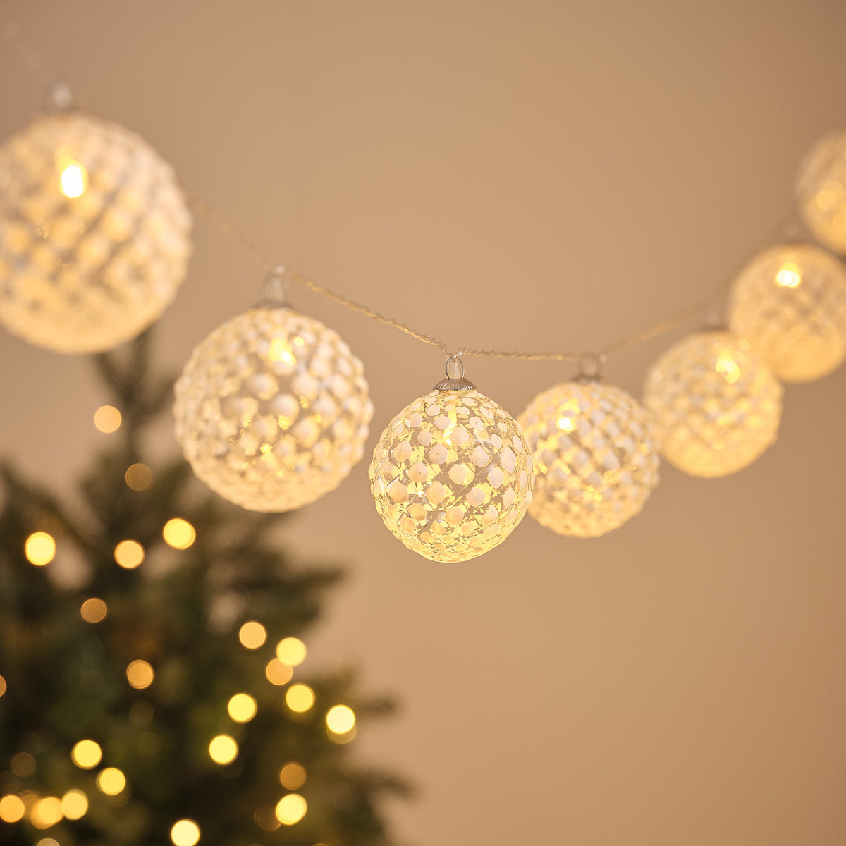 10 Glass Frosted Snowball LED Bauble Fairy Lights