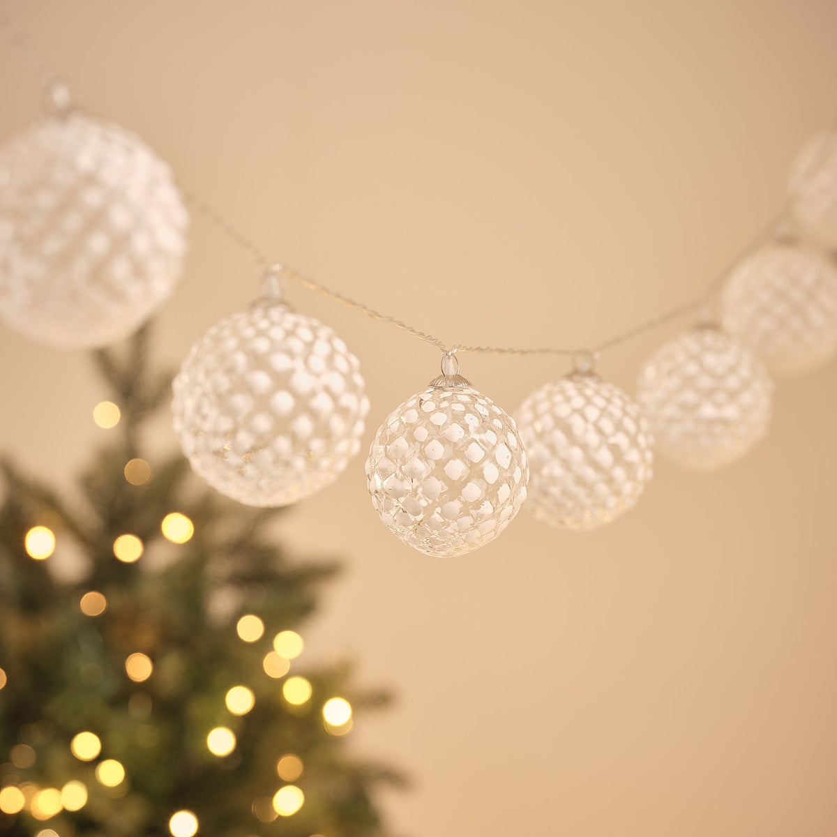 10 Glass Frosted Snowball LED Bauble Fairy Lights
