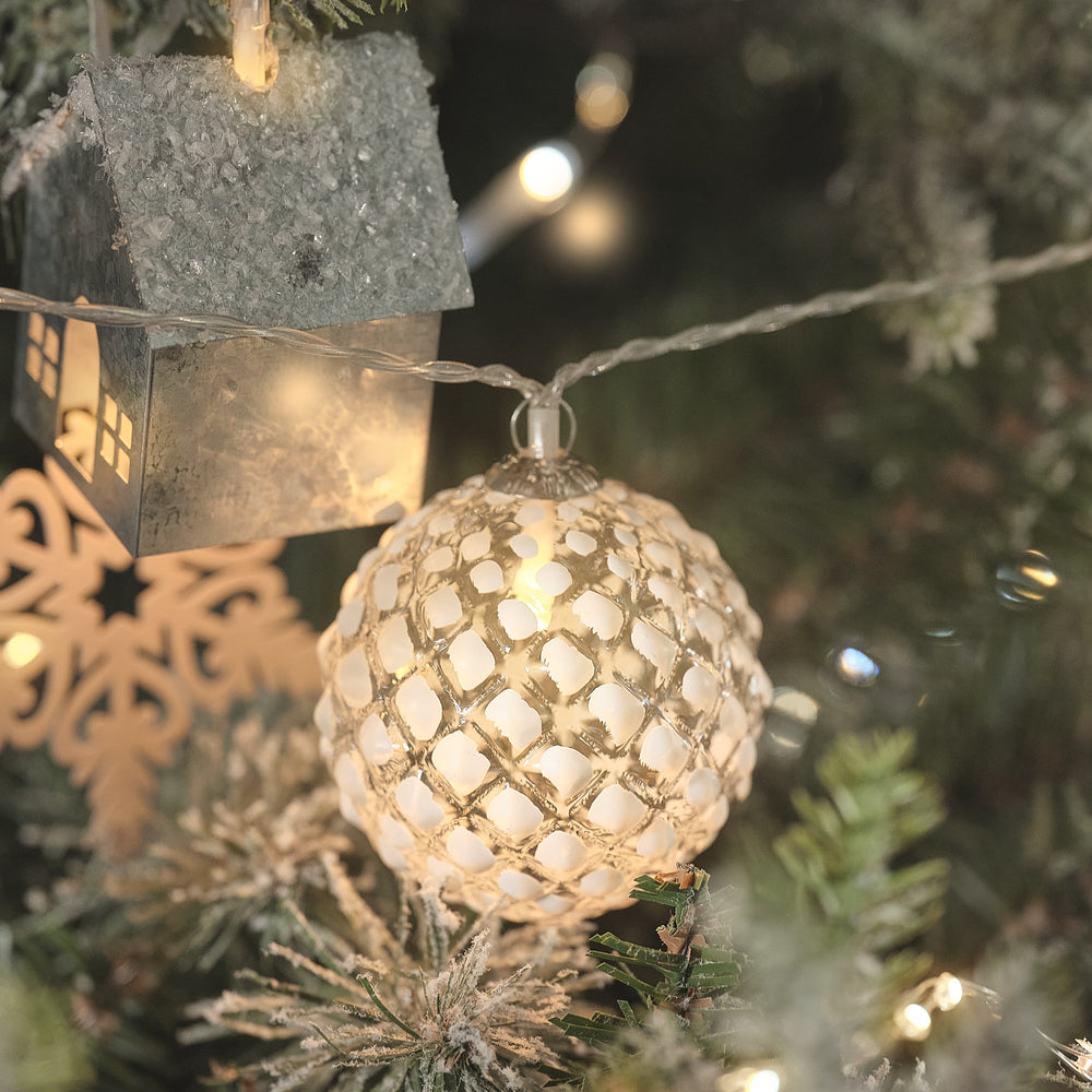 10 Glass Frosted Snowball LED Bauble Fairy Lights