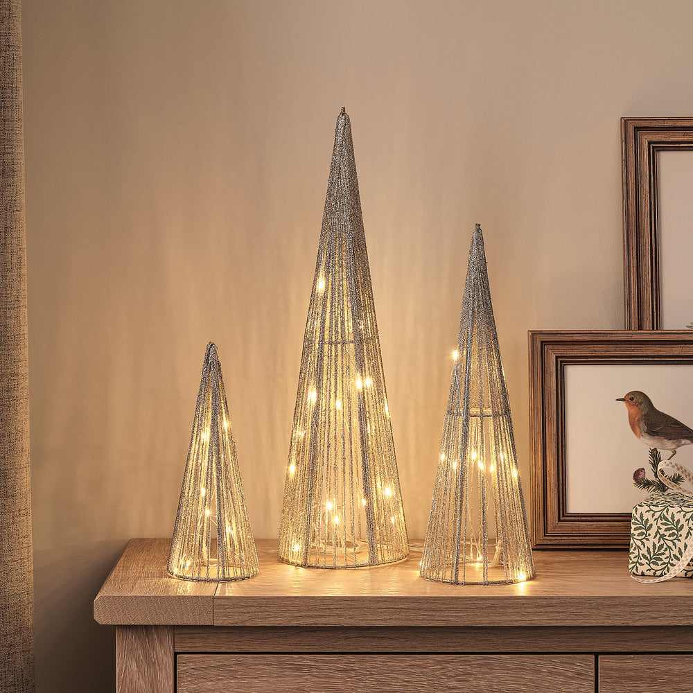 3 Champagne Gold Light Up Cone Decorations