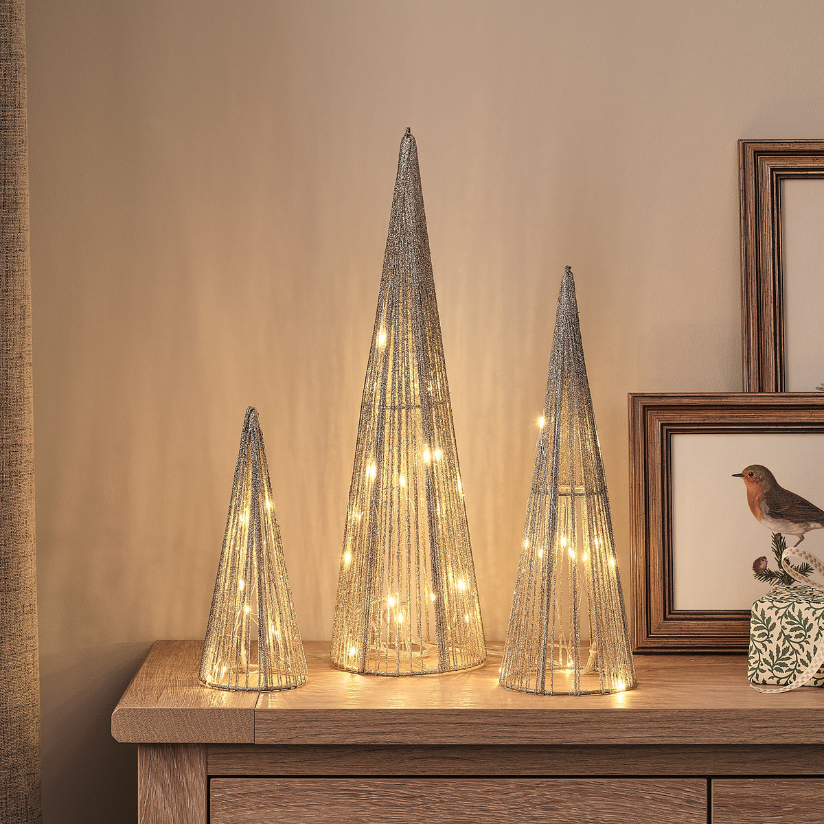 3 Champagne Gold Light Up Cone Decorations