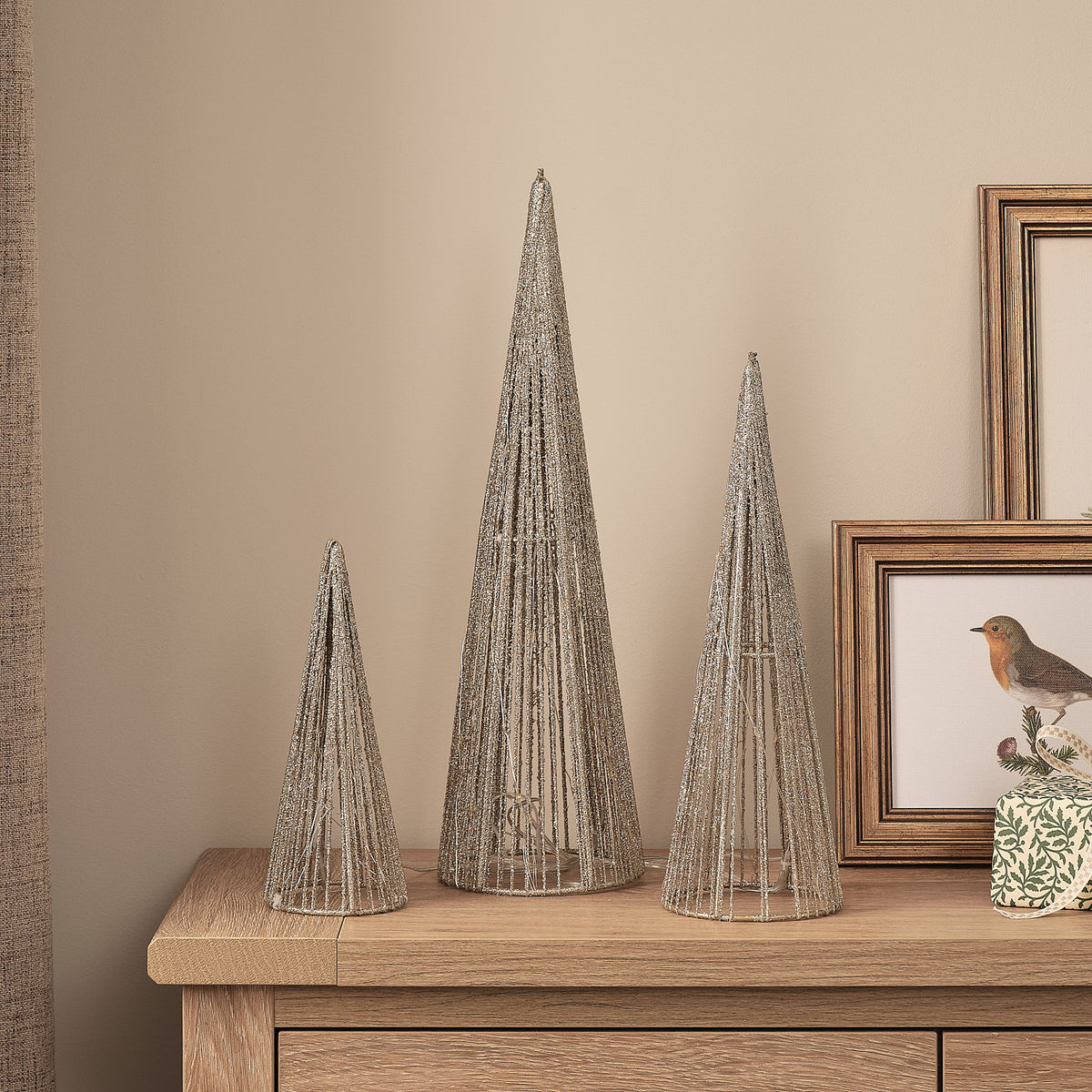 3 Champagne Gold Light Up Cone Decorations