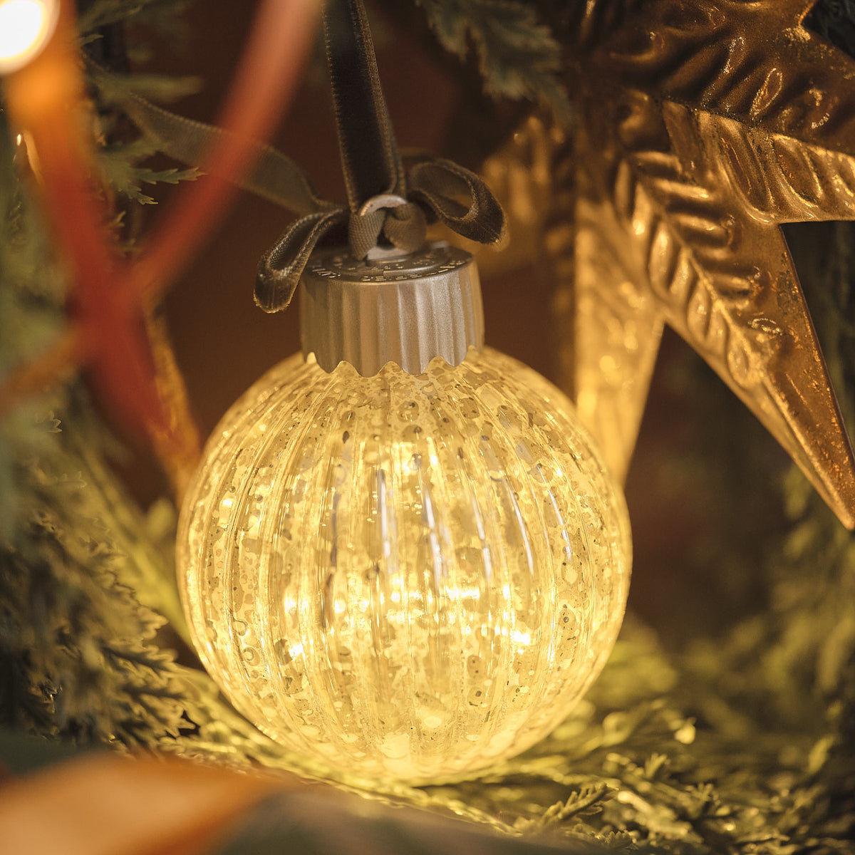 3 Light Up Antique Glass Baubles with Bows
