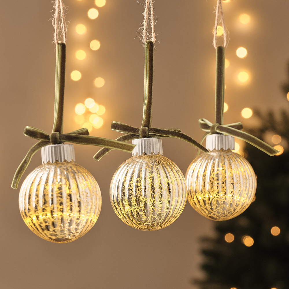 3 Light Up Antique Glass Baubles with Bows