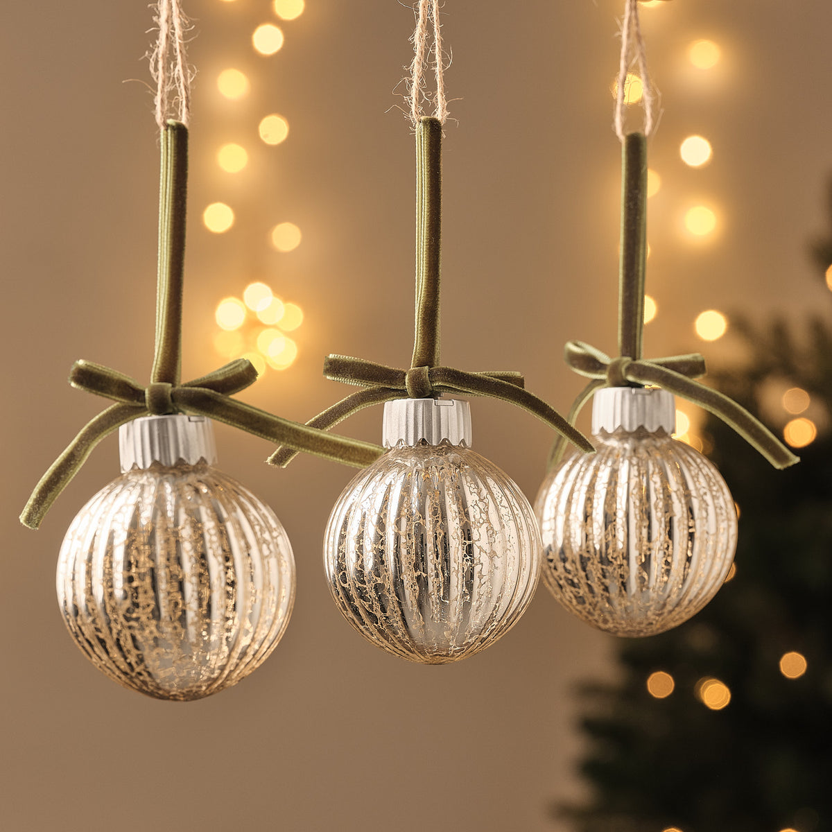 3 Light Up Antique Glass Baubles with Bows