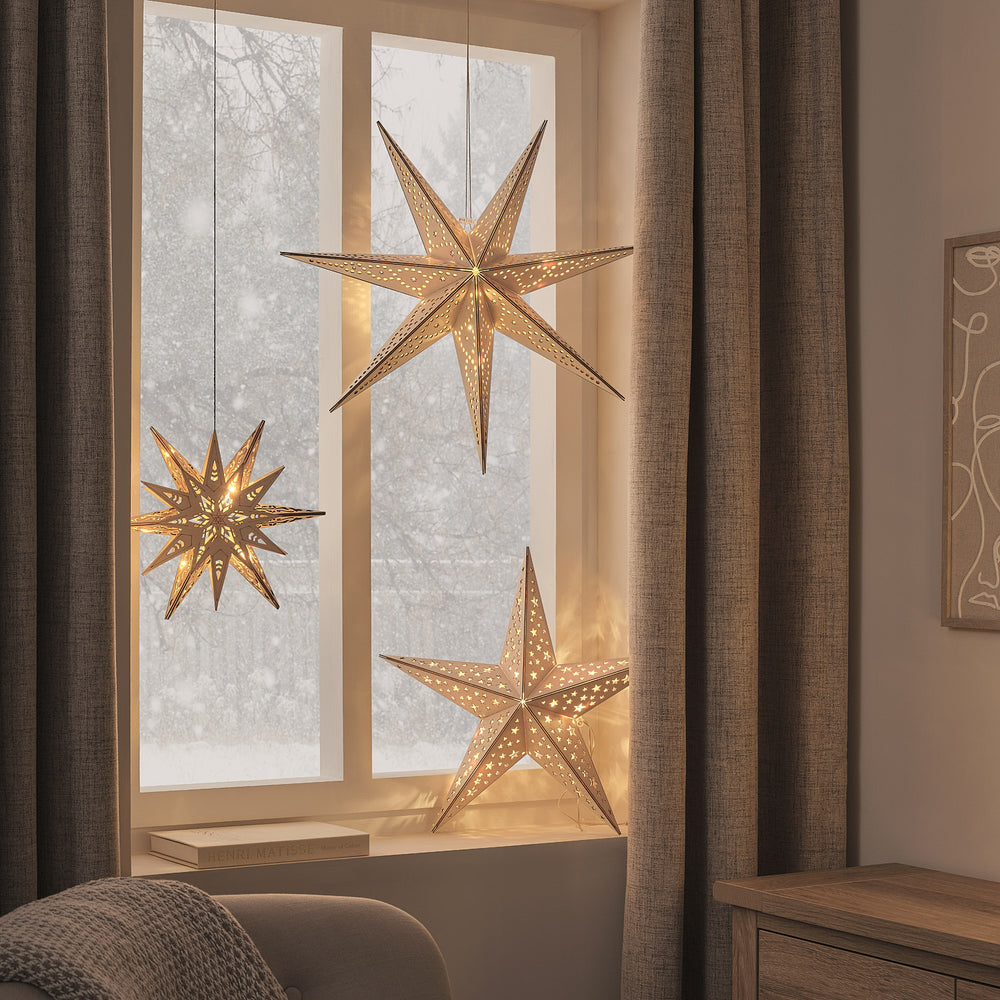 3 Wooden Star Light Up Hanging Christmas Decorations with Remote Control