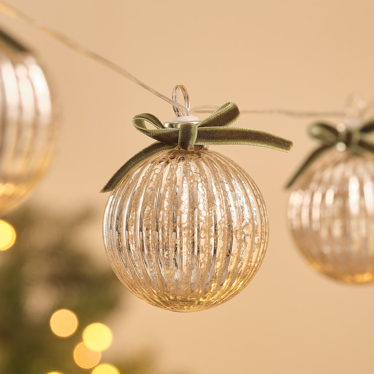 10 Antique Glass Bauble LED Fairy Lights With Bows