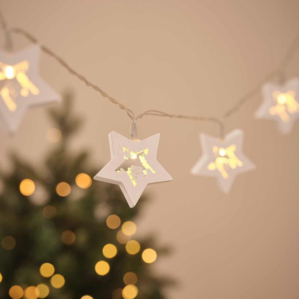 10 Christmas Scene Wooden Star LED Fairy Lights